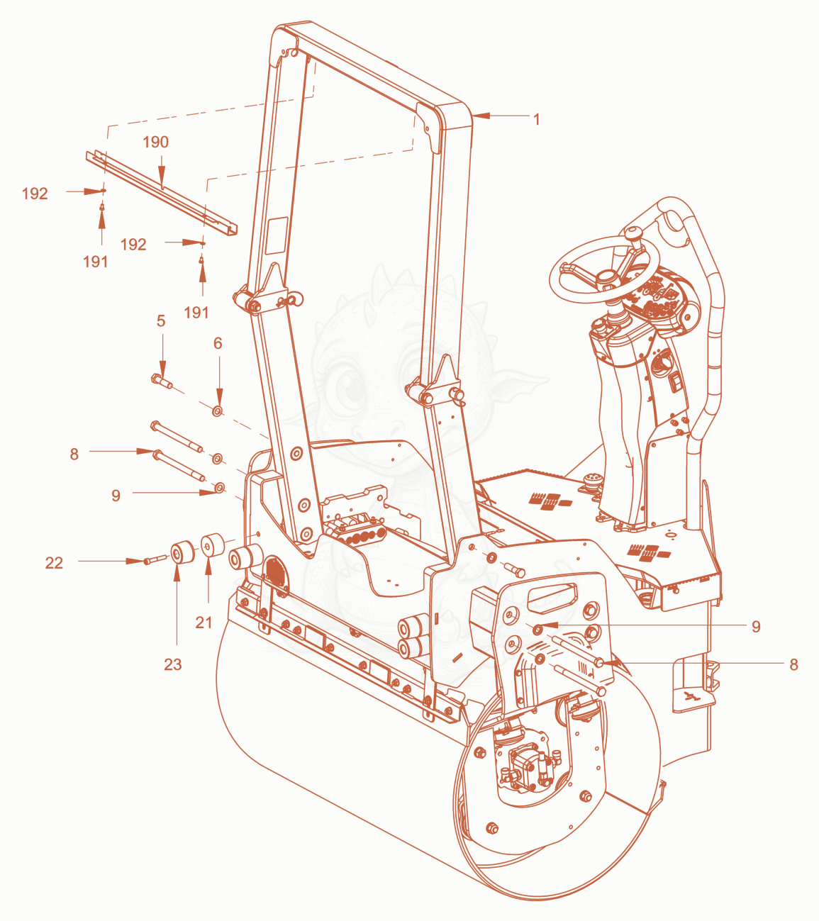 Exploded parts diagram of the roll over protection of a Wacker Neuson RD28-120DPF, with numbered balloons