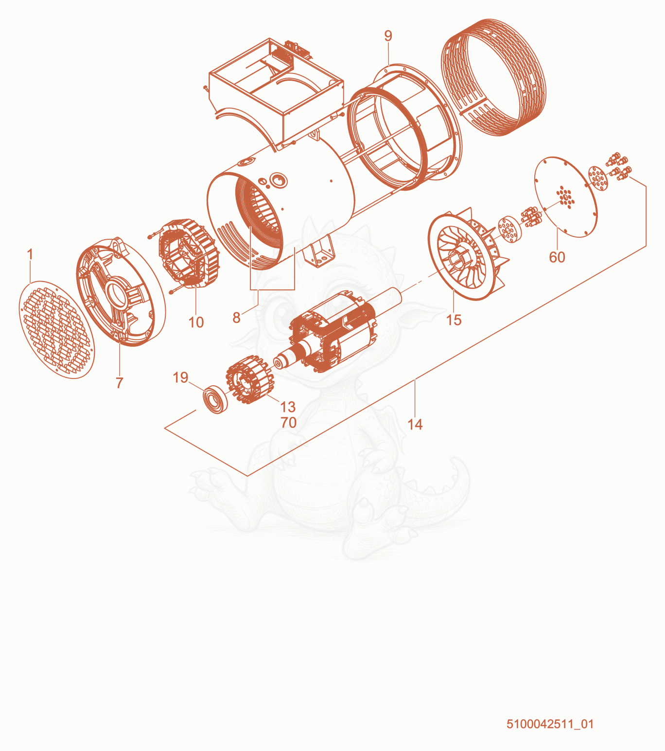 Exploded parts diagram of the Generator cpl. of a Wacker Neuson G70, with numbered balloons