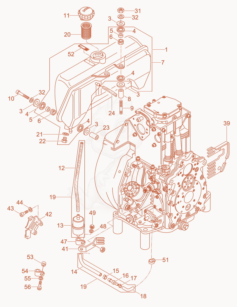 Exploded parts diagram of the Fuel Tank of a Wacker Neuson DPU4045H, with numbered balloons
