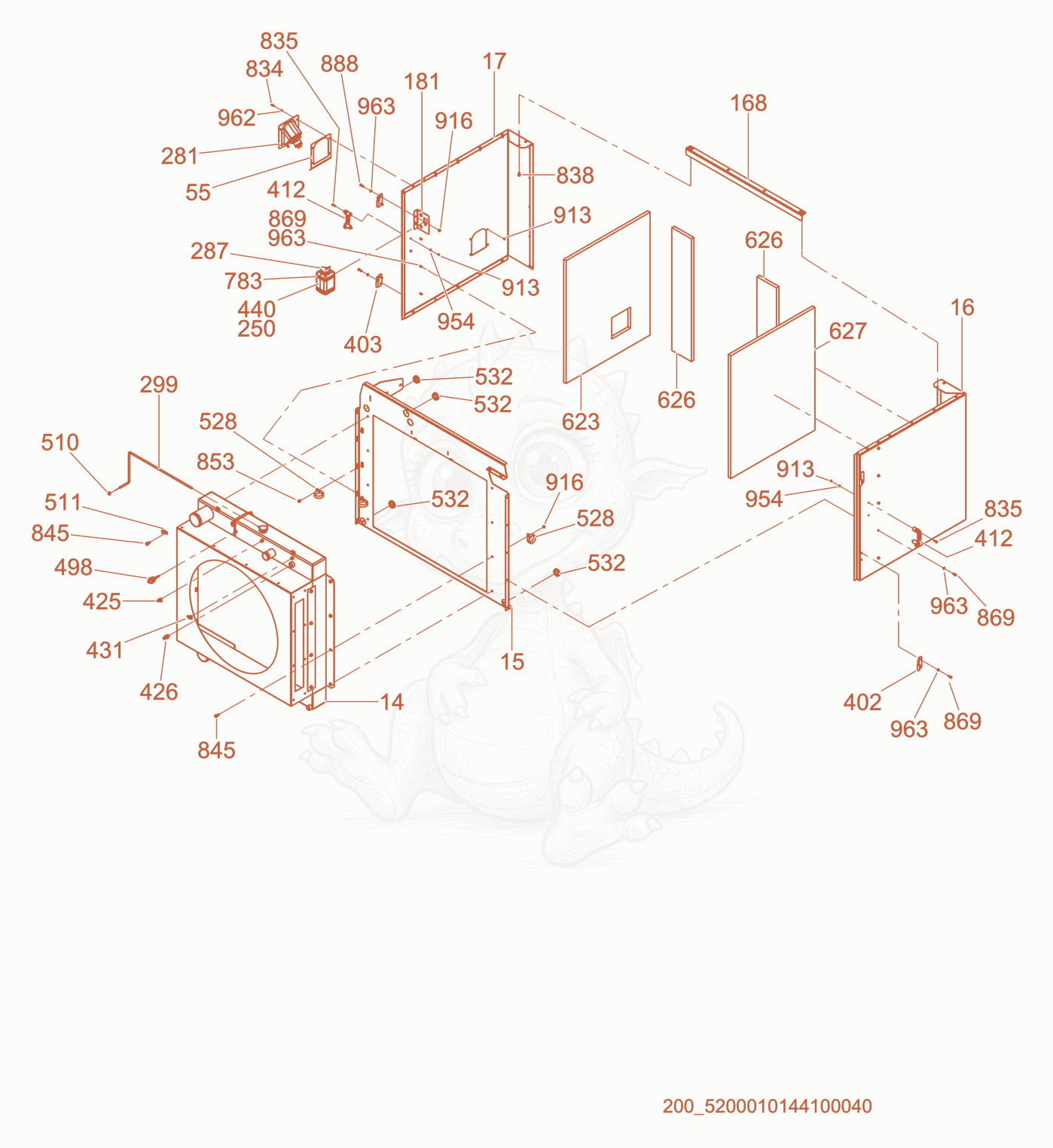 Exploded parts diagram of the Front Enclosure/Radiator of a Wacker Neuson G320, with numbered balloons