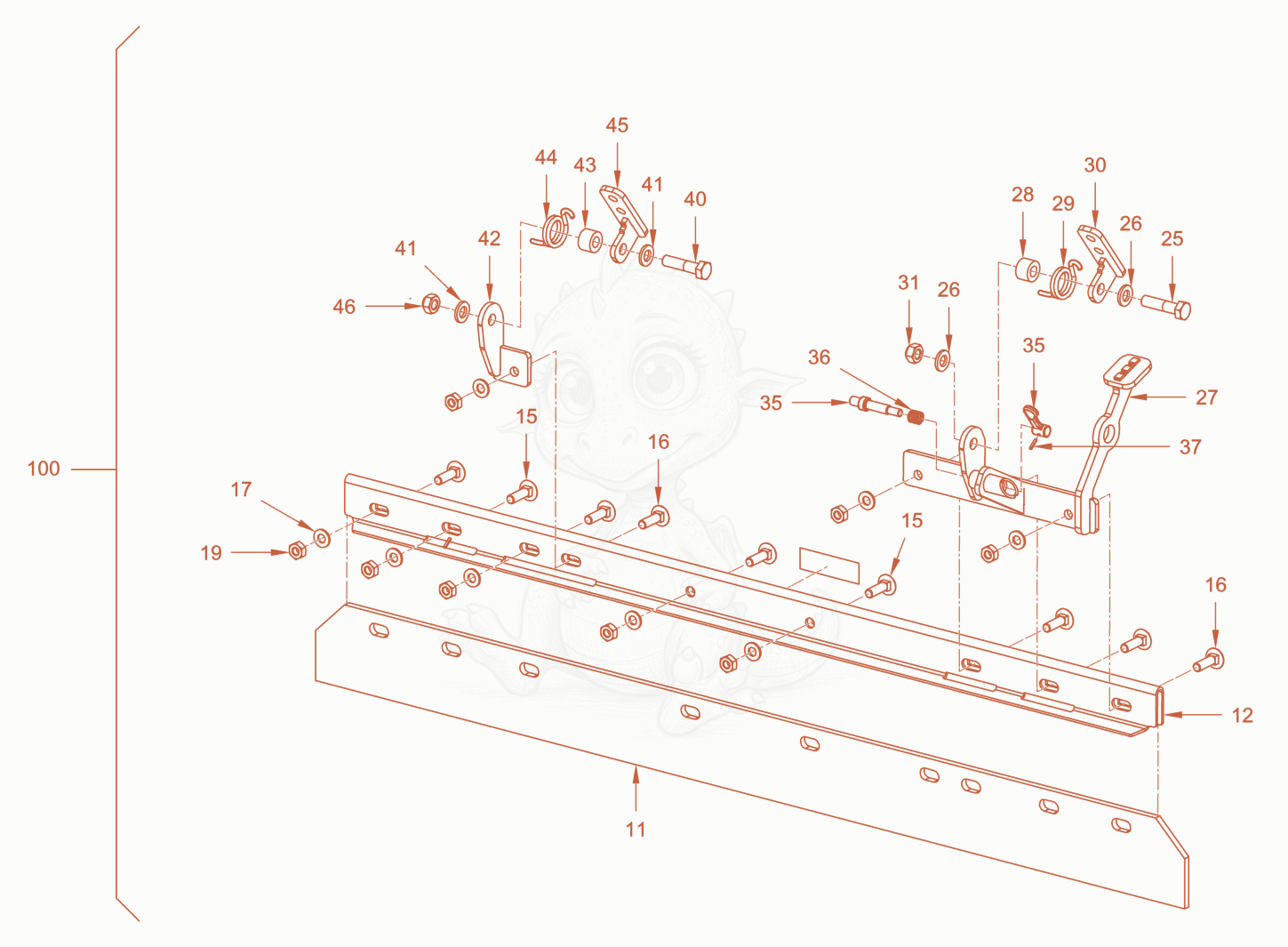 Exploded parts diagram of the foldable scraper of a Wacker Neuson RD28-120CE, with numbered balloons