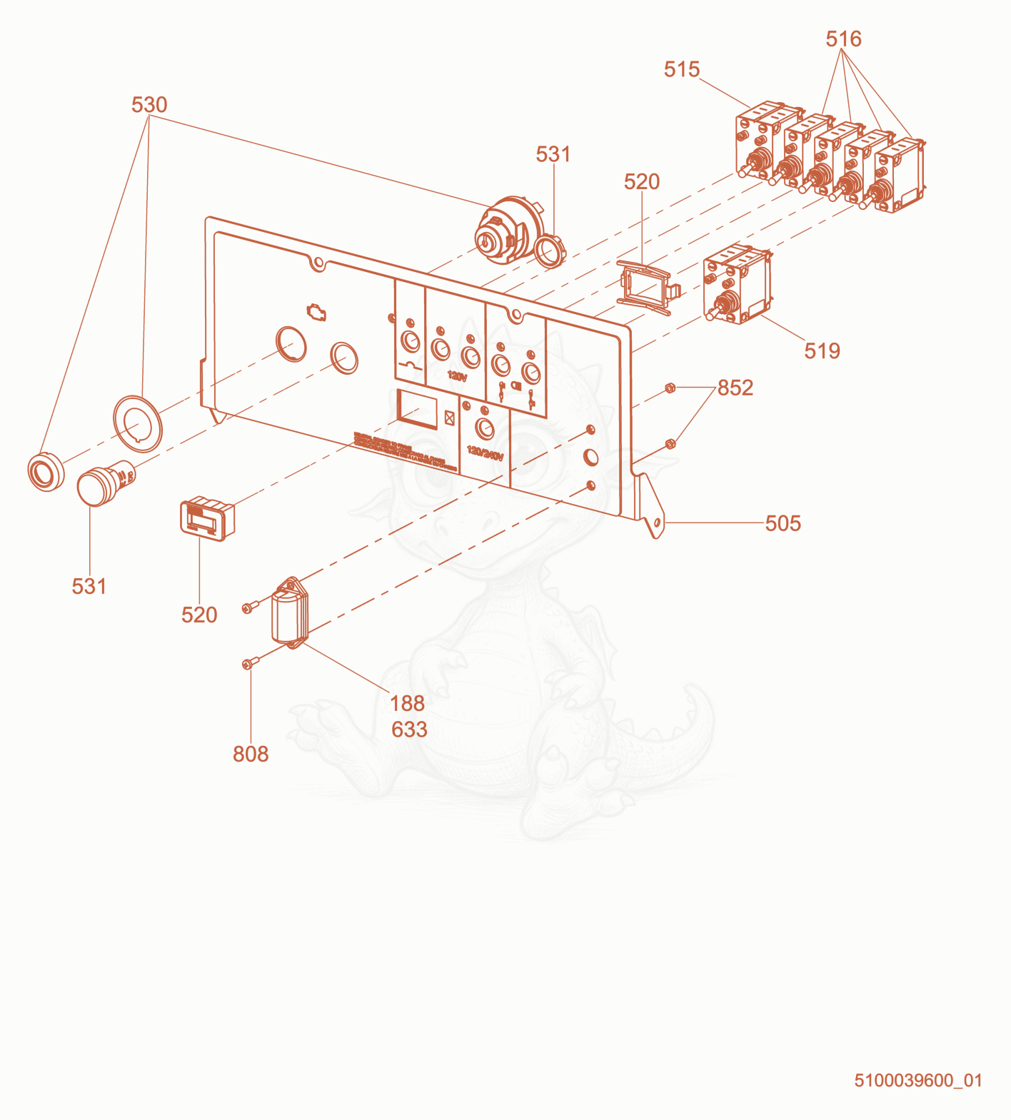 Exploded parts diagram of the Control Panel (LED) of a Wacker Neuson LTV8K, with numbered balloons