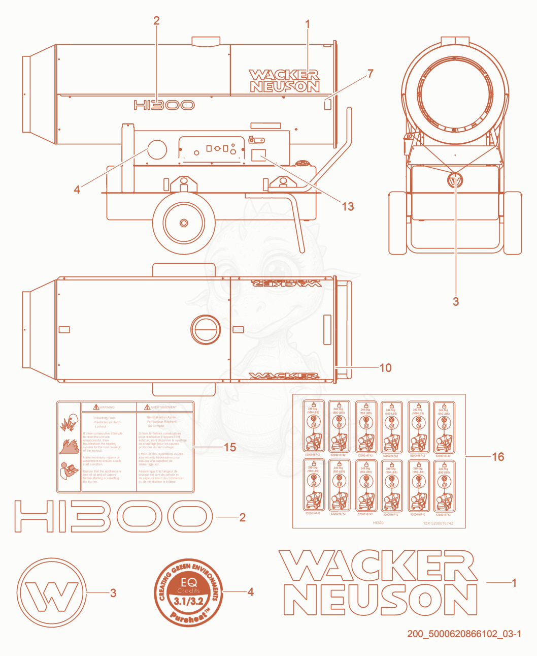 Despiece del Labels de una máquina Wacker Neuson HI300D, con globos numerados
