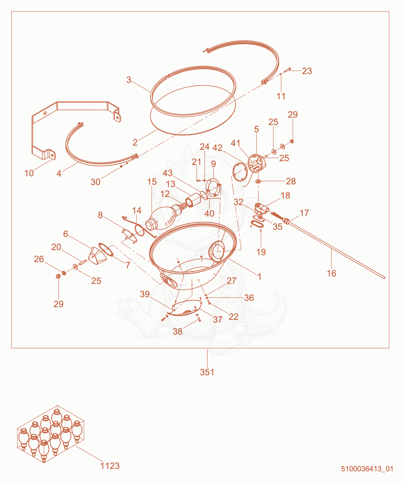 Exploded parts diagram of the Light cpl., 1100W of a Wacker Neuson LTV6K, with numbered balloons