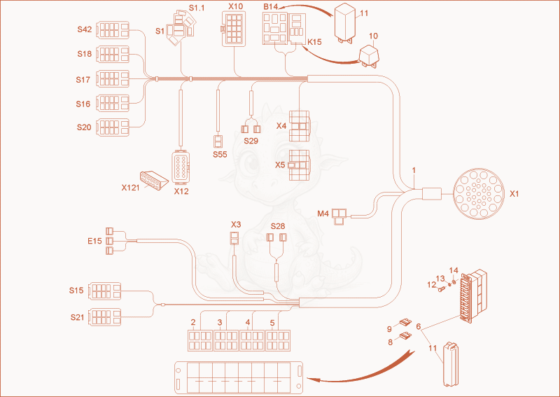Exploded parts diagram of the wiring harness seat console of a Wacker Neuson 1404, with numbered balloons