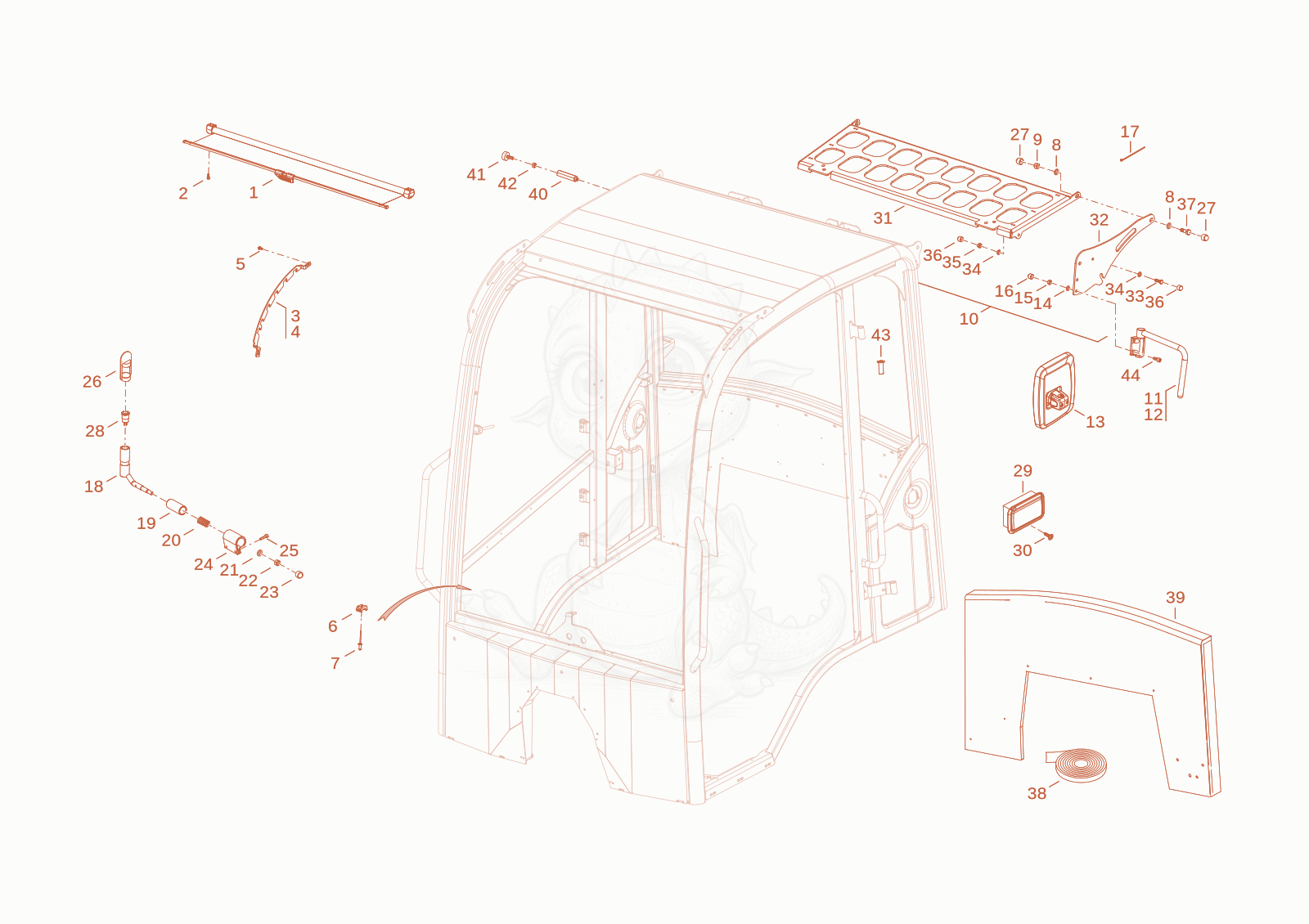 Exploded parts diagram of the protecting screen of a Wacker Neuson WL34, with numbered balloons