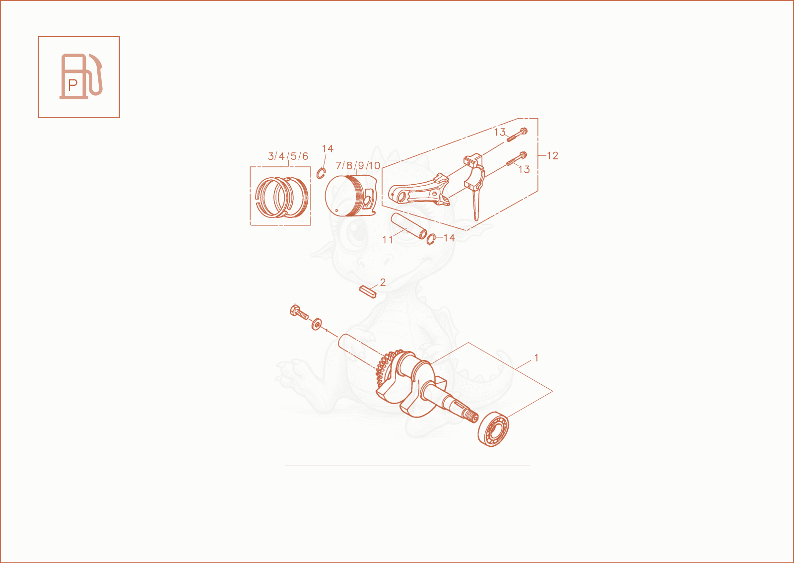 Exploded parts diagram of the crankshaft, piston of a Wacker Neuson DT08, with numbered balloons