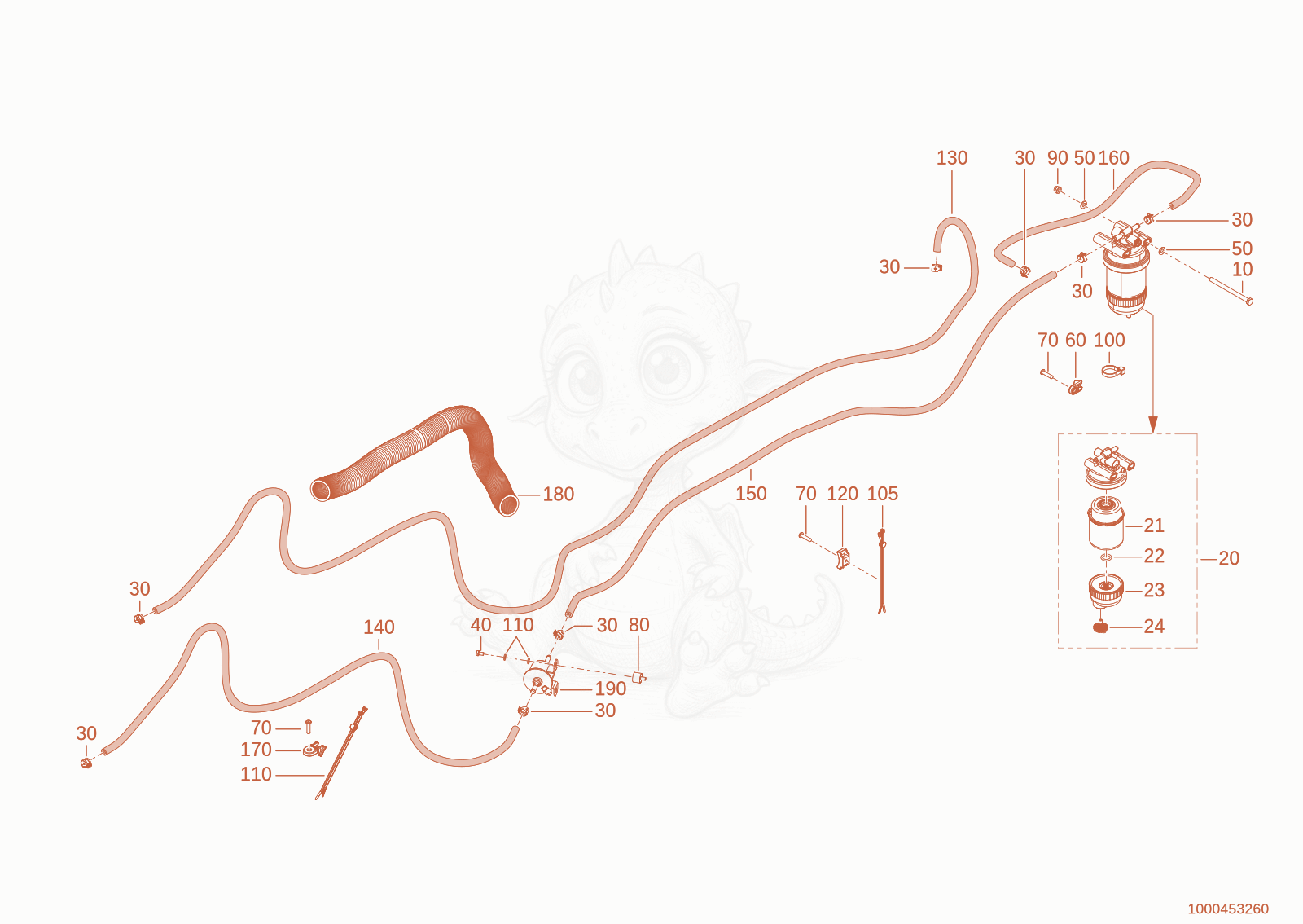 Exploded parts diagram of the fuel system of a Wacker Neuson WL28(A01-01), with numbered balloons