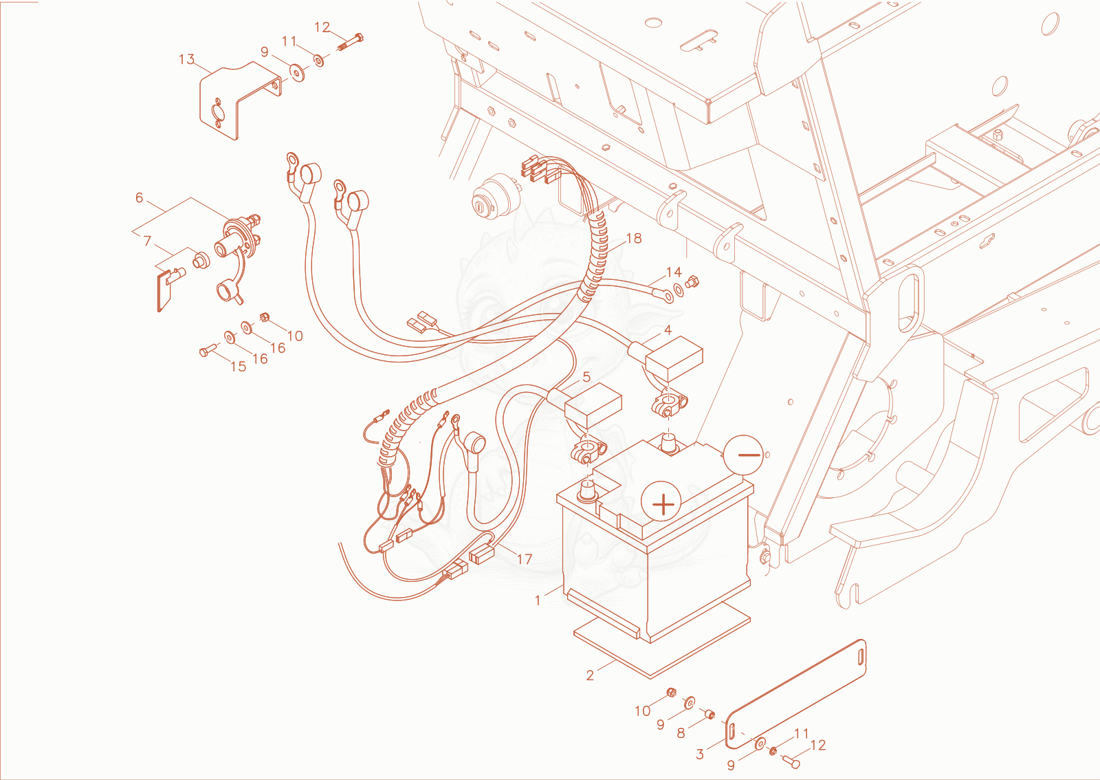Exploded parts diagram of the battery of a Wacker Neuson DT12P, with numbered balloons