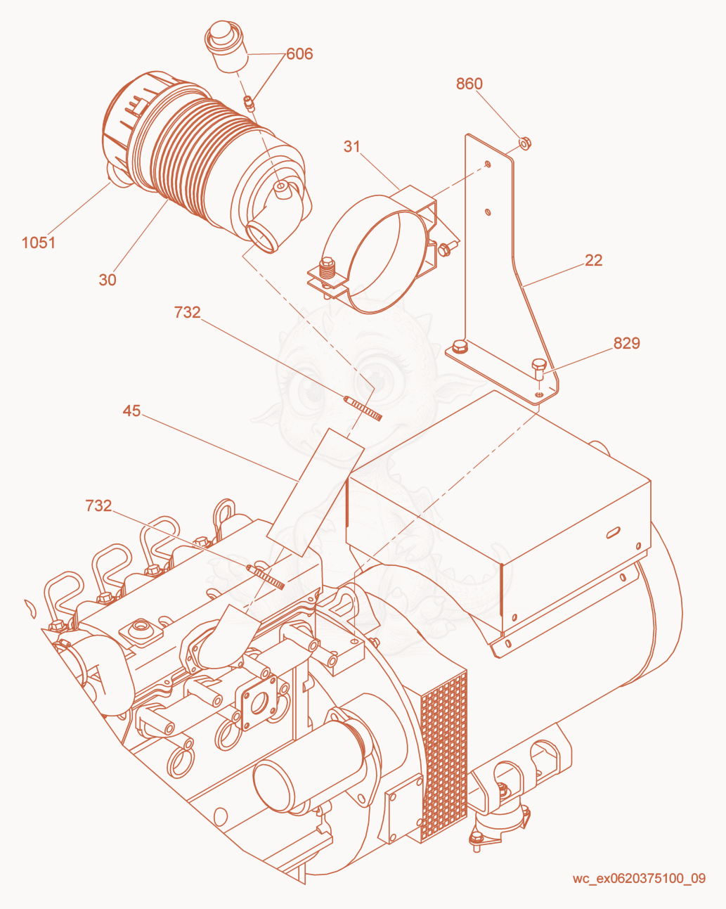 Exploded parts diagram of the Air Cleaner cpl. of a Wacker Neuson LTW20Z1, with numbered balloons