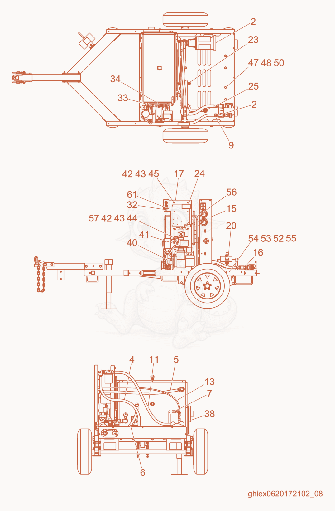 Exploded parts diagram of the Trailer Components cpl. (2) of a Wacker Neuson E1100, with numbered balloons