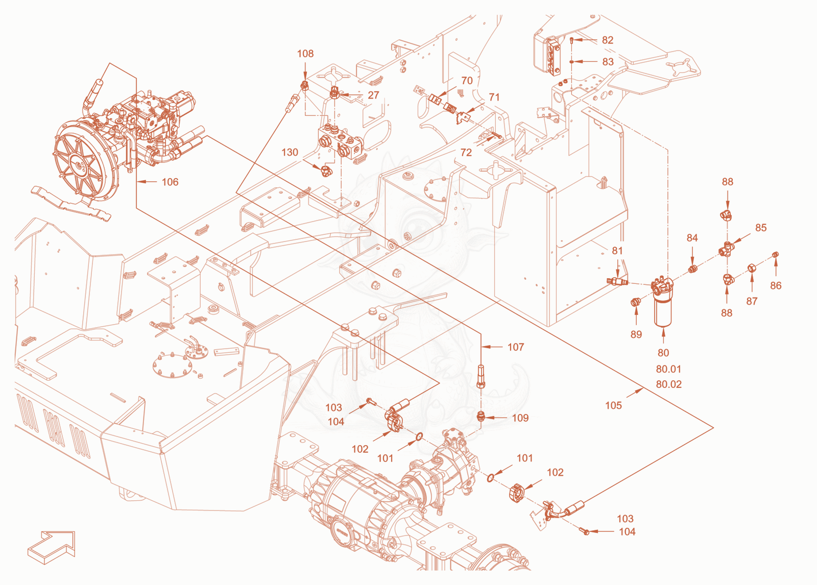 Exploded parts diagram of the advance drive of a Wacker Neuson RC110PROPS, with numbered balloons