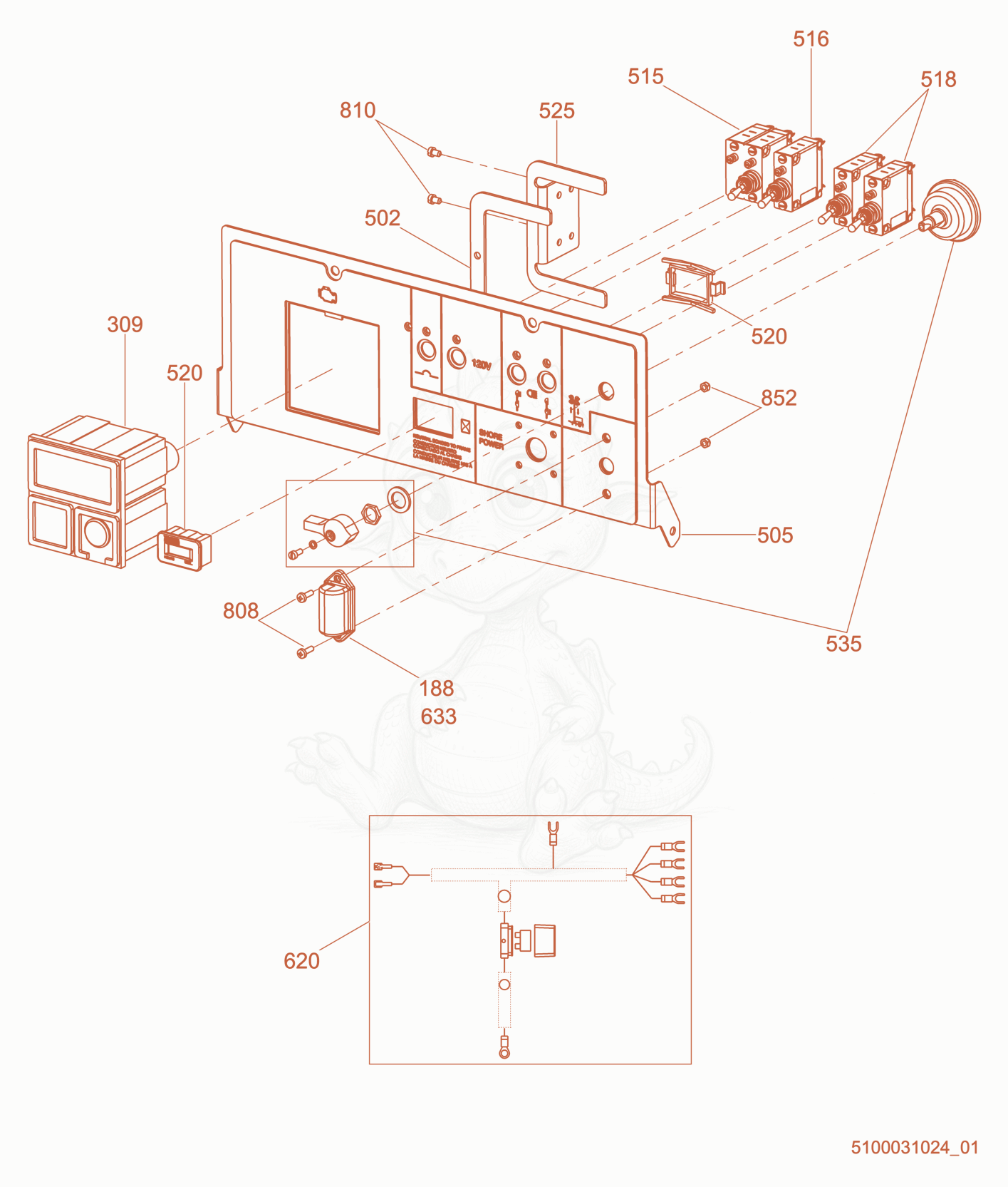 Exploded parts diagram of the Option-Control Panel, Power Winch of a Wacker Neuson LTV6L, with numbered balloons