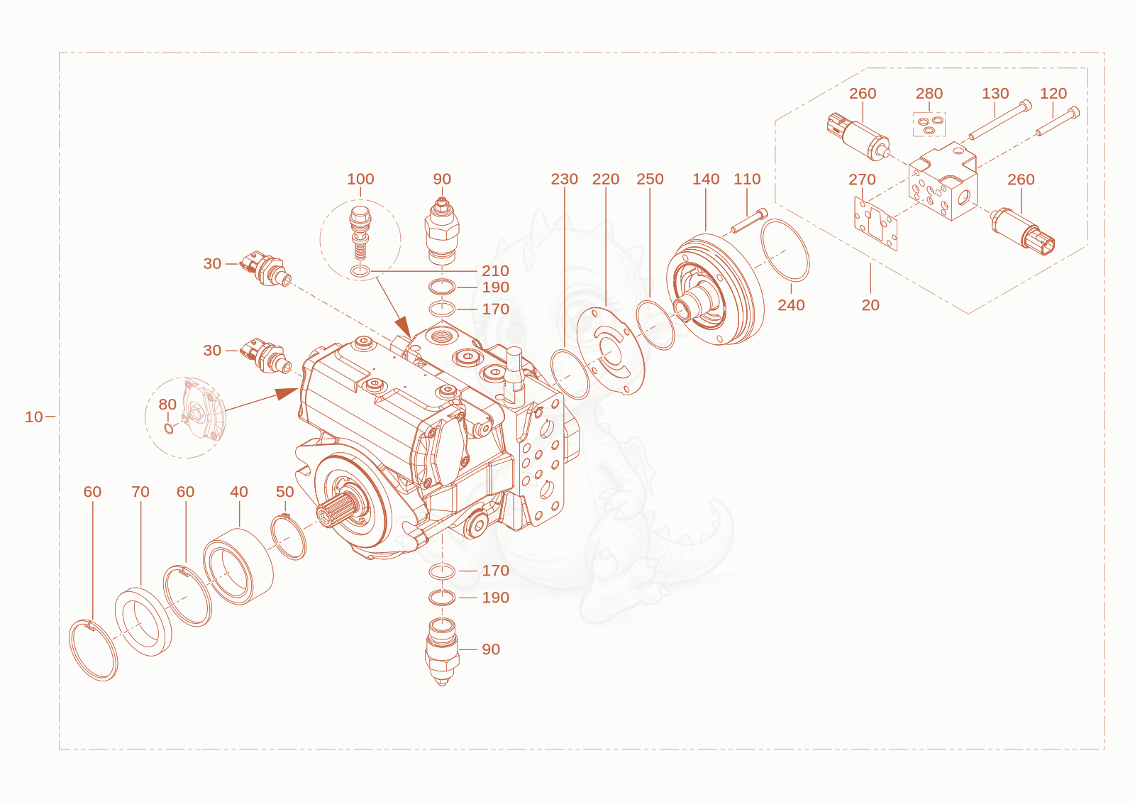 Exploded parts diagram of the displacement pump of a Wacker Neuson WL28(A01-01), with numbered balloons