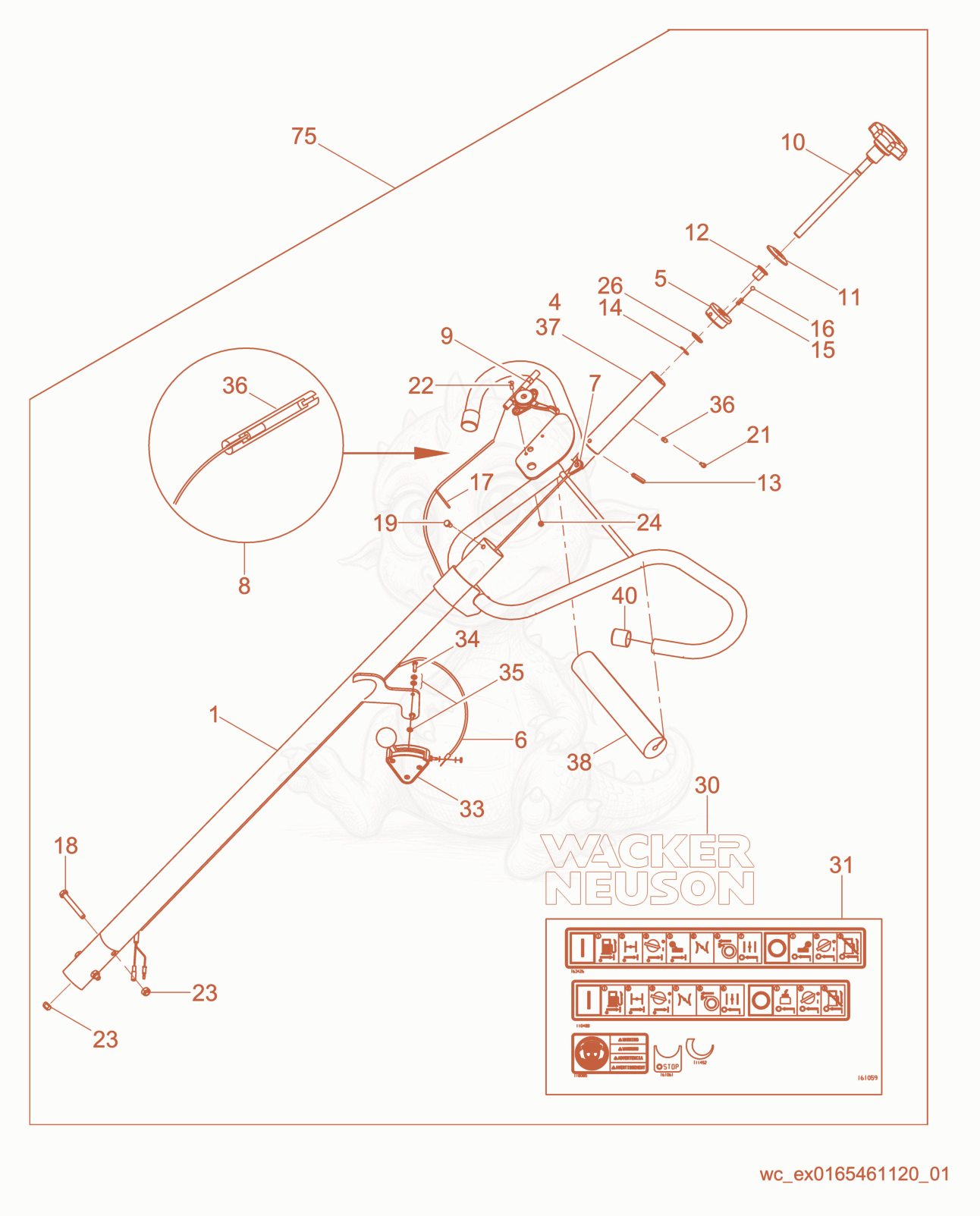Despiece del Handle-Twist, Centrifugal de una máquina Wacker Neuson CT36-X, con globos numerados