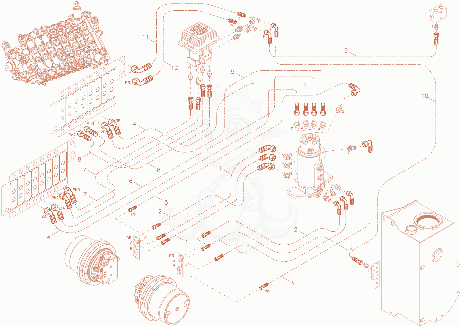 Exploded parts diagram of the TRAVEL MOTOR INSTALLATION of a Wacker Neuson EZ26-2, with numbered balloons