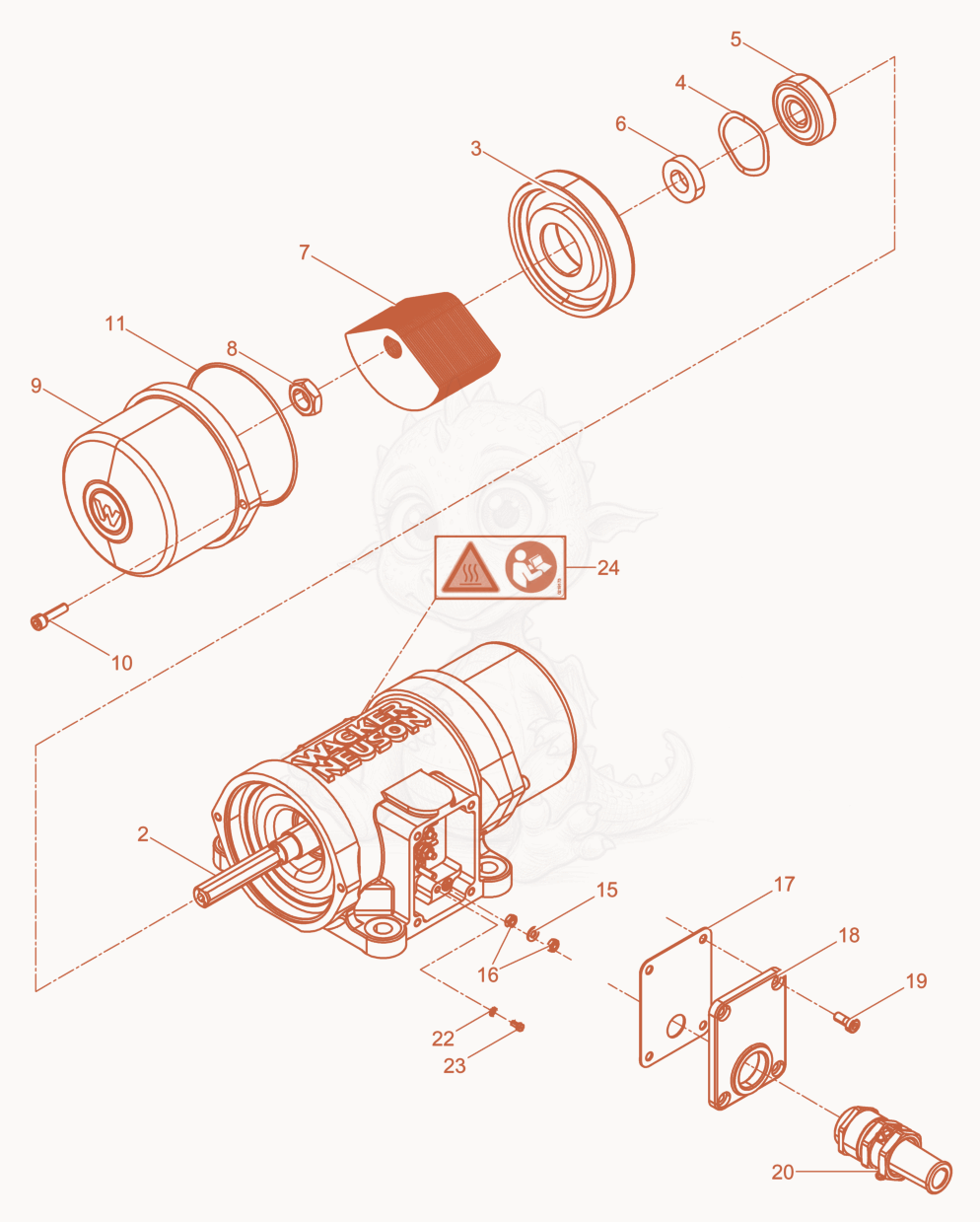 Exploded parts diagram of the External Vibrator cpl. of a Wacker Neuson AR36/3/400, with numbered balloons