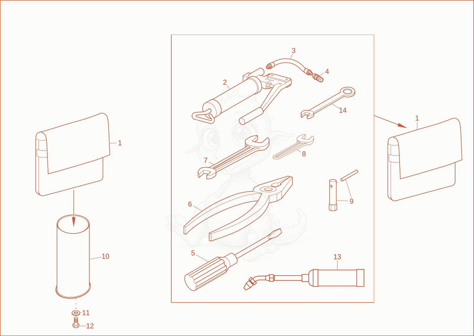 Despiece del tools de una máquina Wacker Neuson DT10, con globos numerados