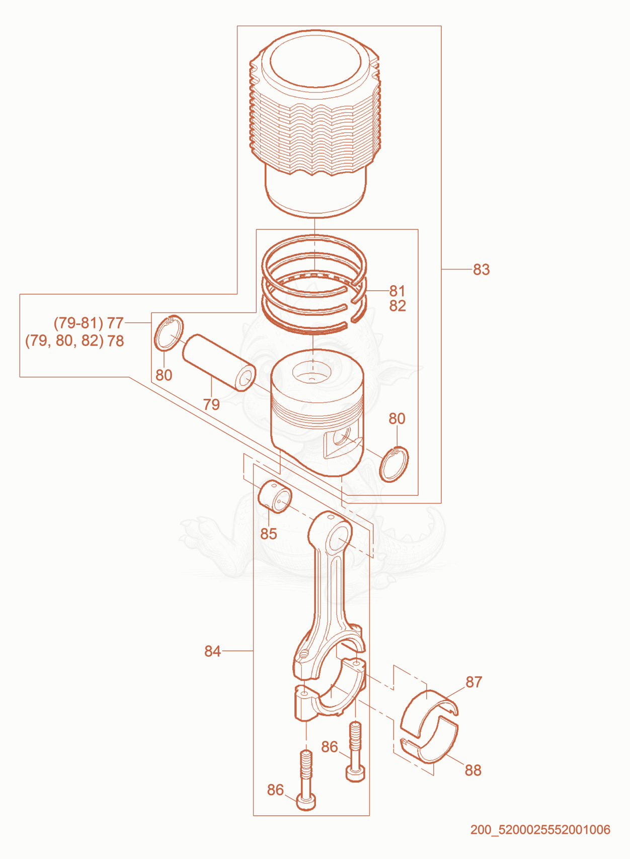Despiece del Piston/Connecting Rod de una máquina Wacker Neuson RD7HE, con globos numerados