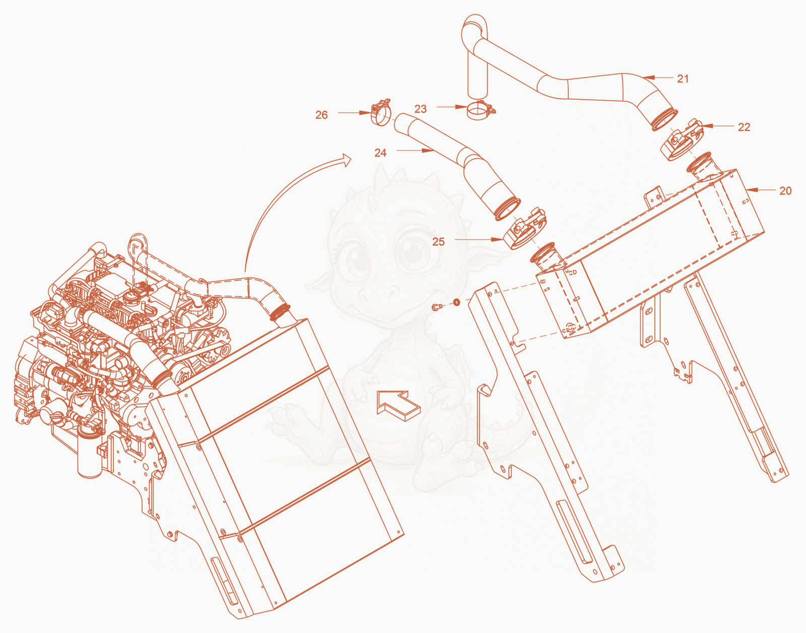 Exploded parts diagram of the cooling (charge air) of a Wacker Neuson RC110P, with numbered balloons