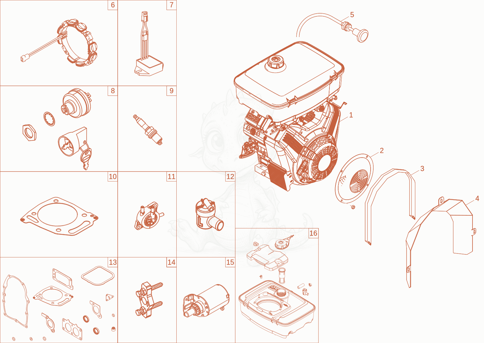 Exploded parts diagram of the petrol engine of a Wacker Neuson DT12P, with numbered balloons