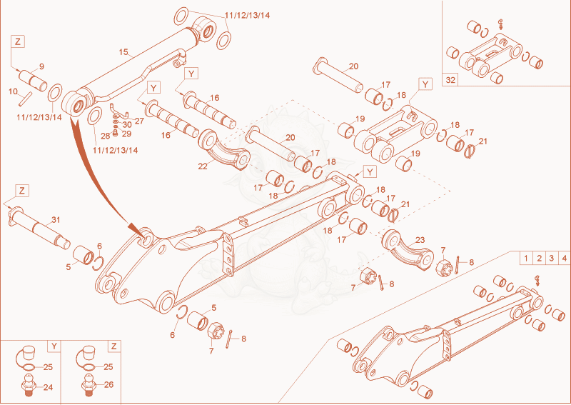 Exploded parts diagram of the dipperstick of a Wacker Neuson 28Z3, with numbered balloons