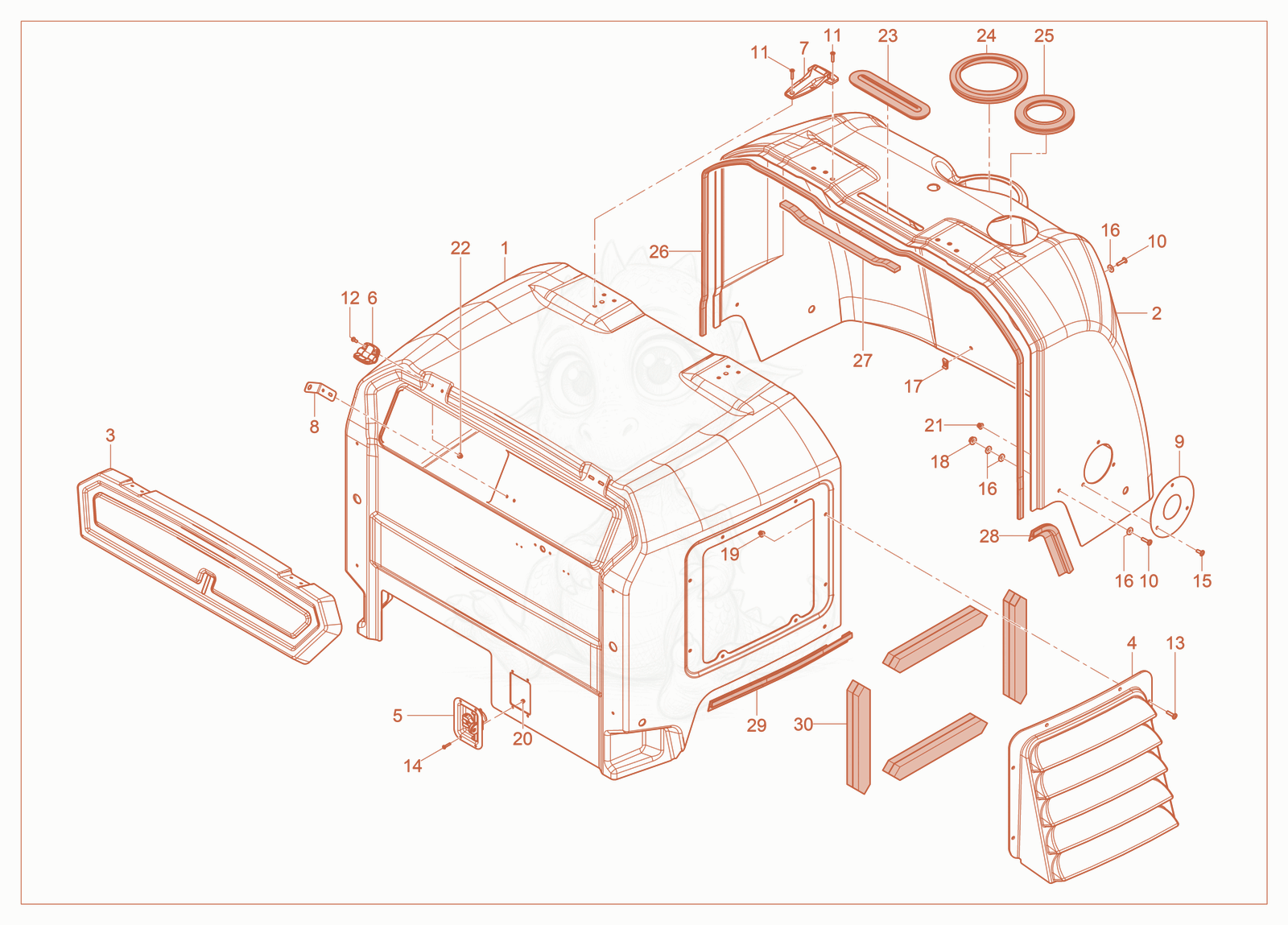 Exploded parts diagram of the Enclosure Panels - Containment of a Wacker Neuson LTV4L, with numbered balloons