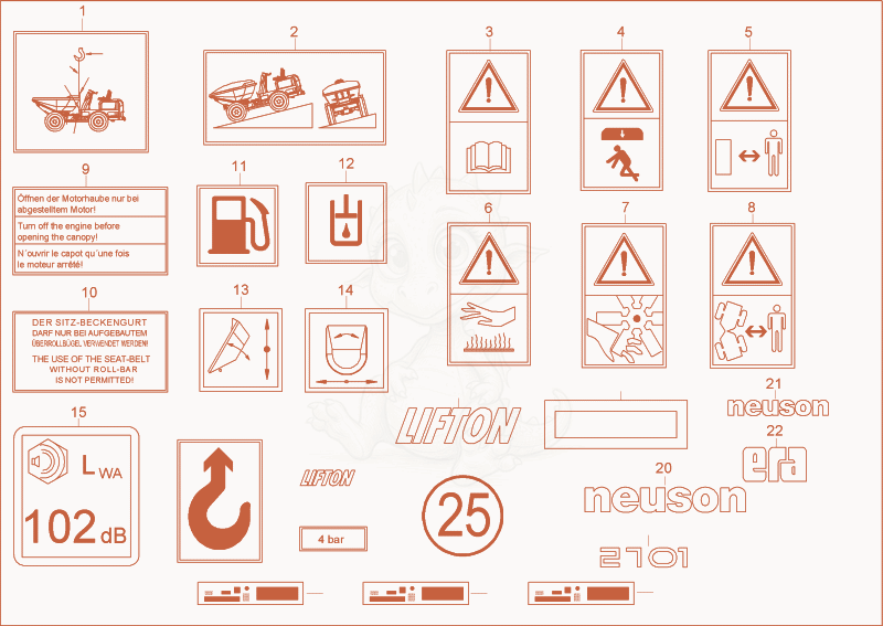 Exploded parts diagram of the sticker of a Wacker Neuson 2701AA, with numbered balloons
