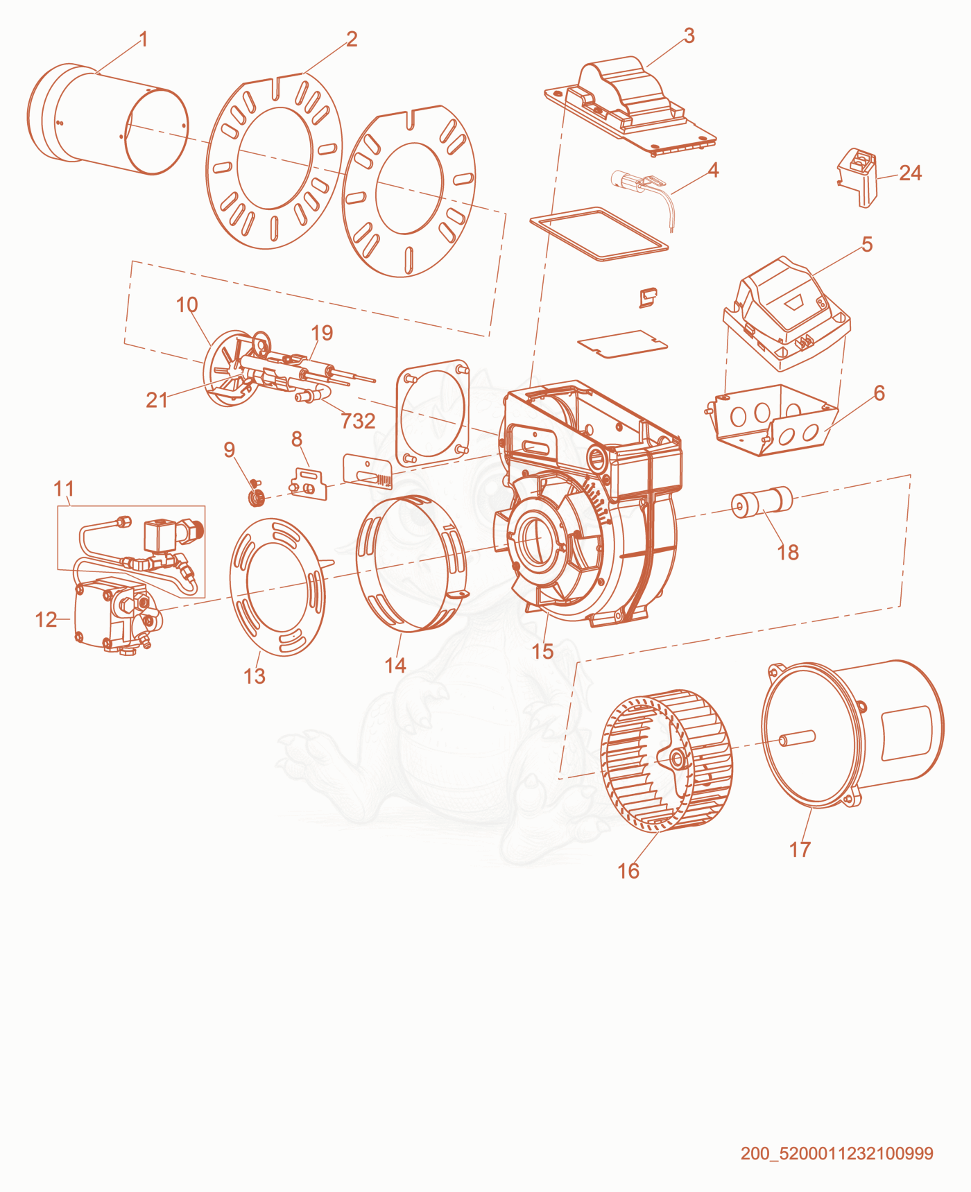 Exploded parts diagram of the Burner cpl. of a Wacker Neuson HI1000, with numbered balloons