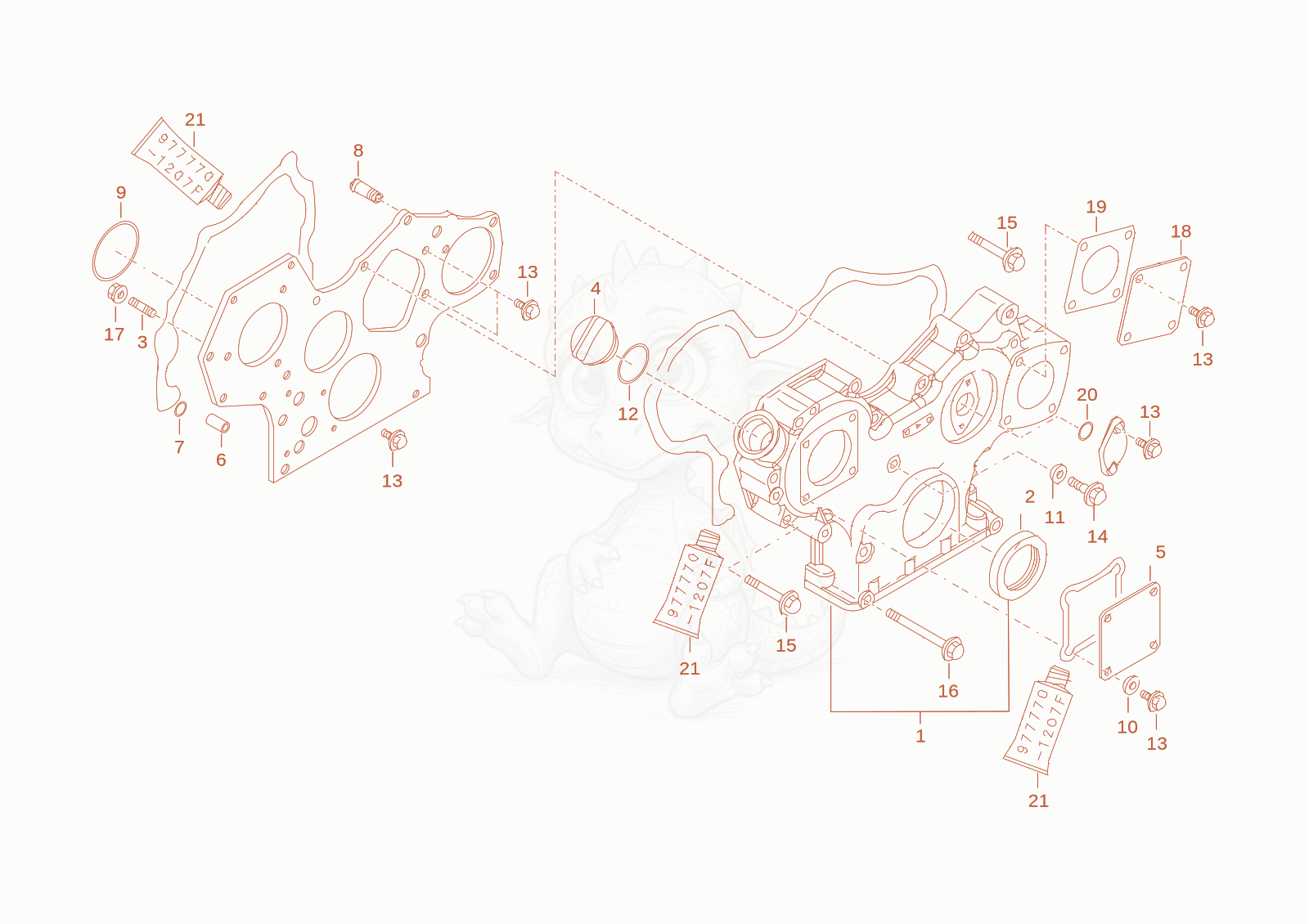 Exploded parts diagram of the gear box housing of a Wacker Neuson TH412, with numbered balloons