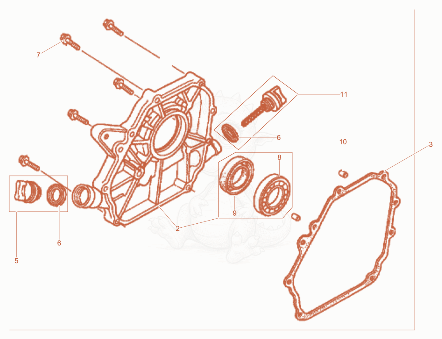 Despiece del Crankcase cover de una máquina Wacker Neuson XPSKMAT, con globos numerados