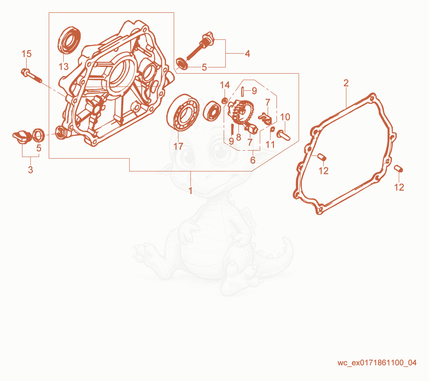 Despiece del Crankcase Cover de una máquina Wacker Neuson GV3800A, con globos numerados