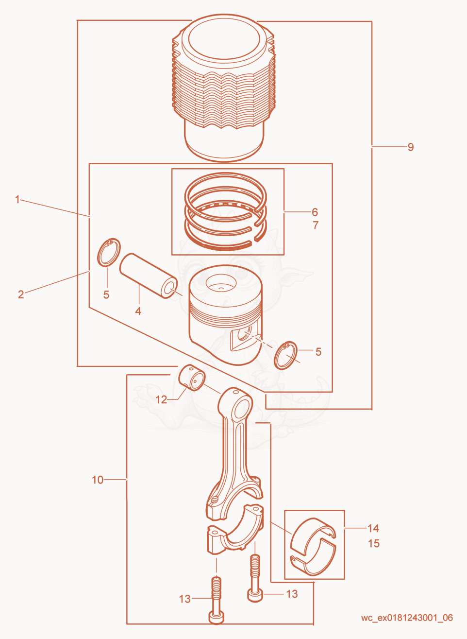 Despiece del Piston/Connecting Rod de una máquina Wacker Neuson RD7H-SEU, con globos numerados