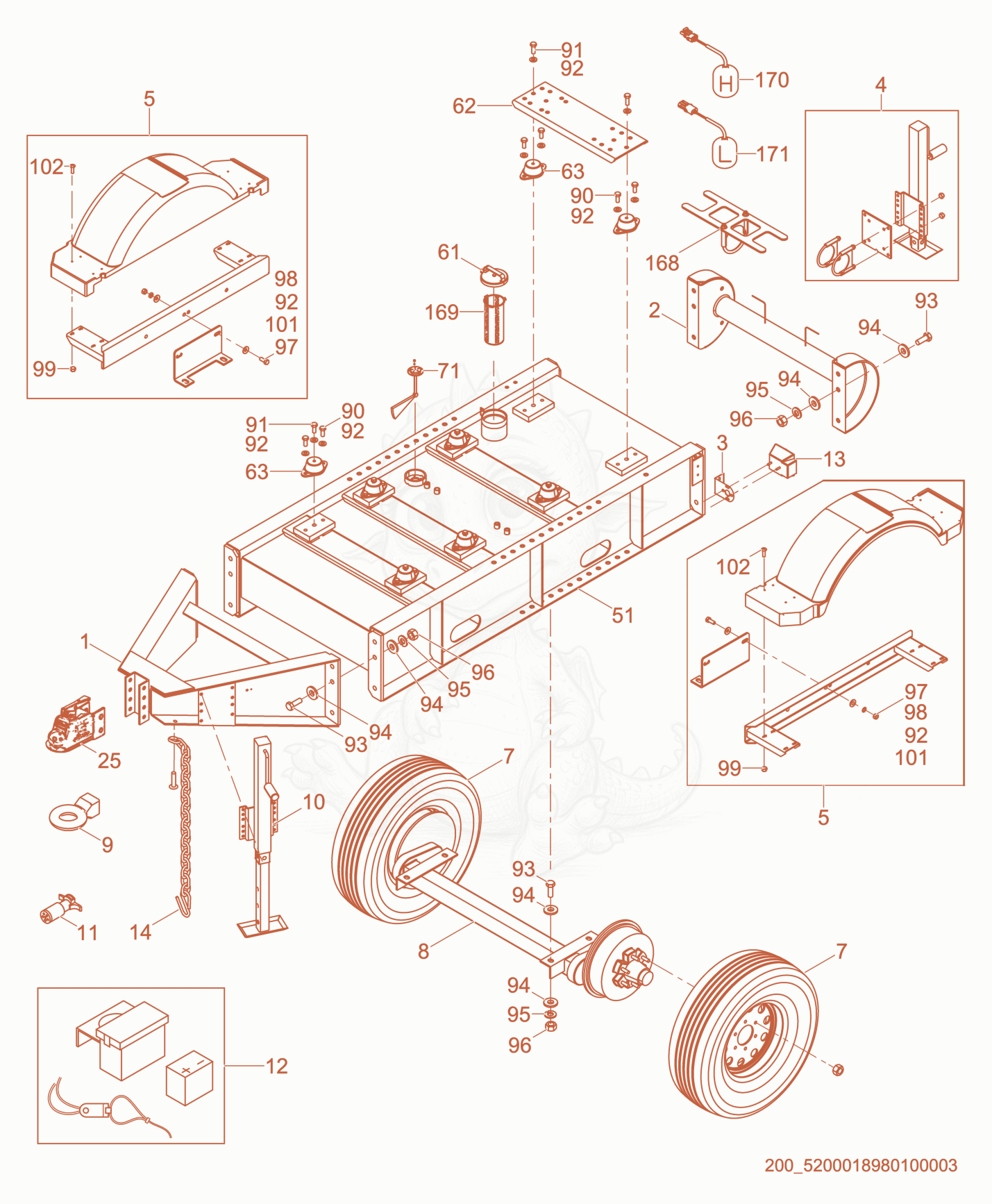 Exploded parts diagram of the Trailer cpl. of a Wacker Neuson APT6T, with numbered balloons