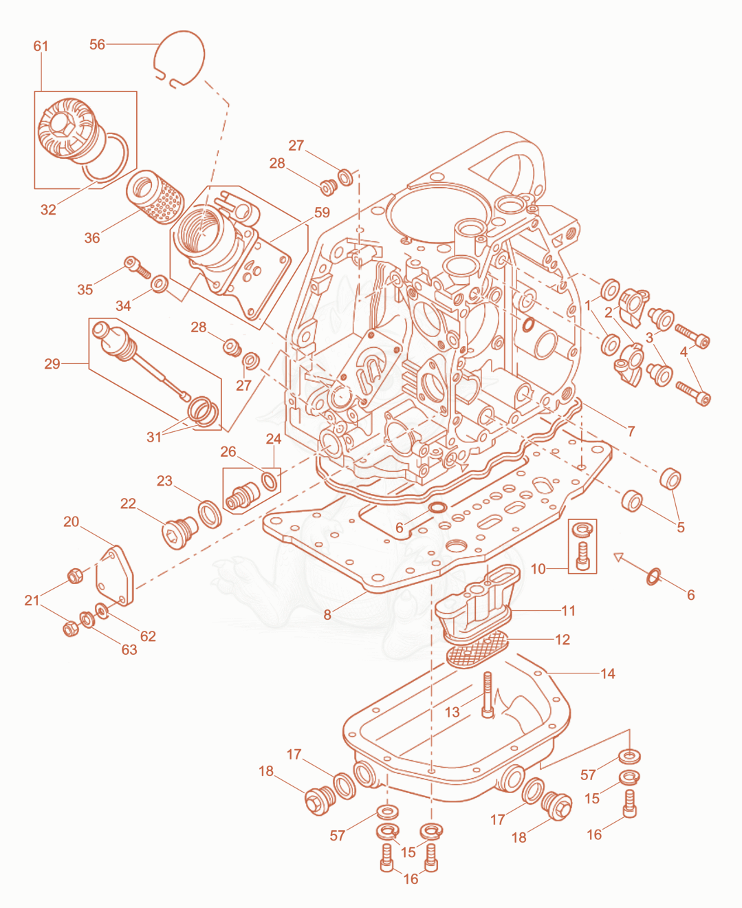 Despiece del Crankcase de una máquina Wacker Neuson RD7HF, con globos numerados