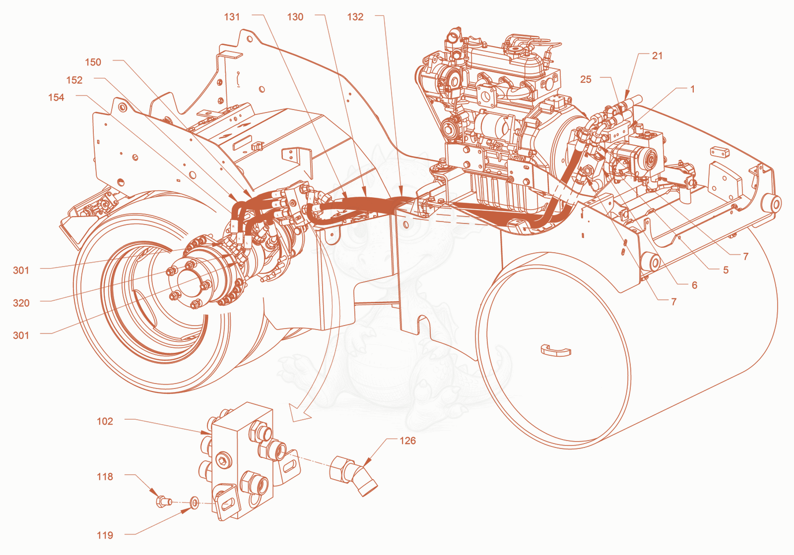Exploded parts diagram of the advance drive of a Wacker Neuson RD18-100C3, with numbered balloons