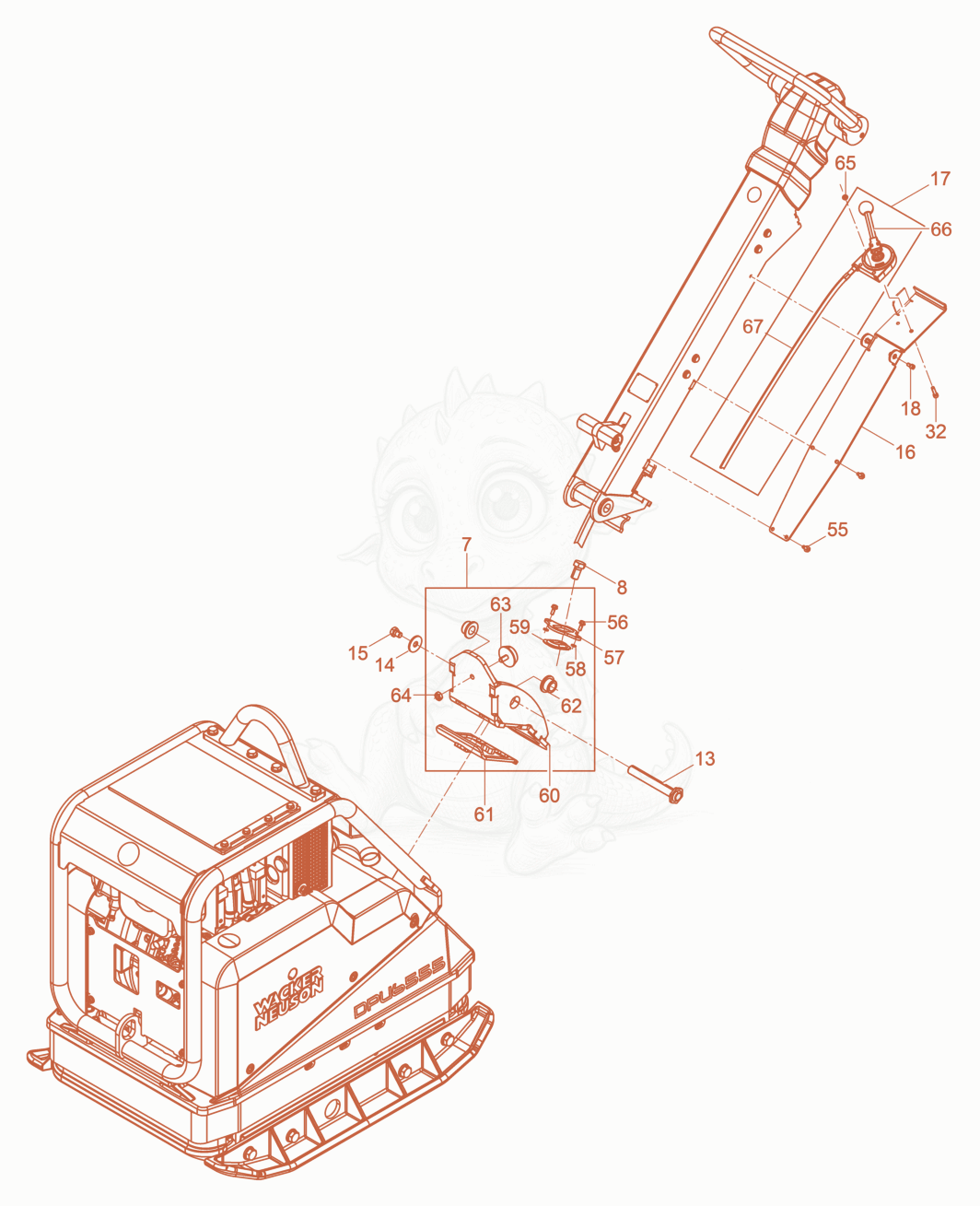 Exploded parts diagram of the Vibratory Plate cpl. of a Wacker Neuson DPU6555HECS, with numbered balloons