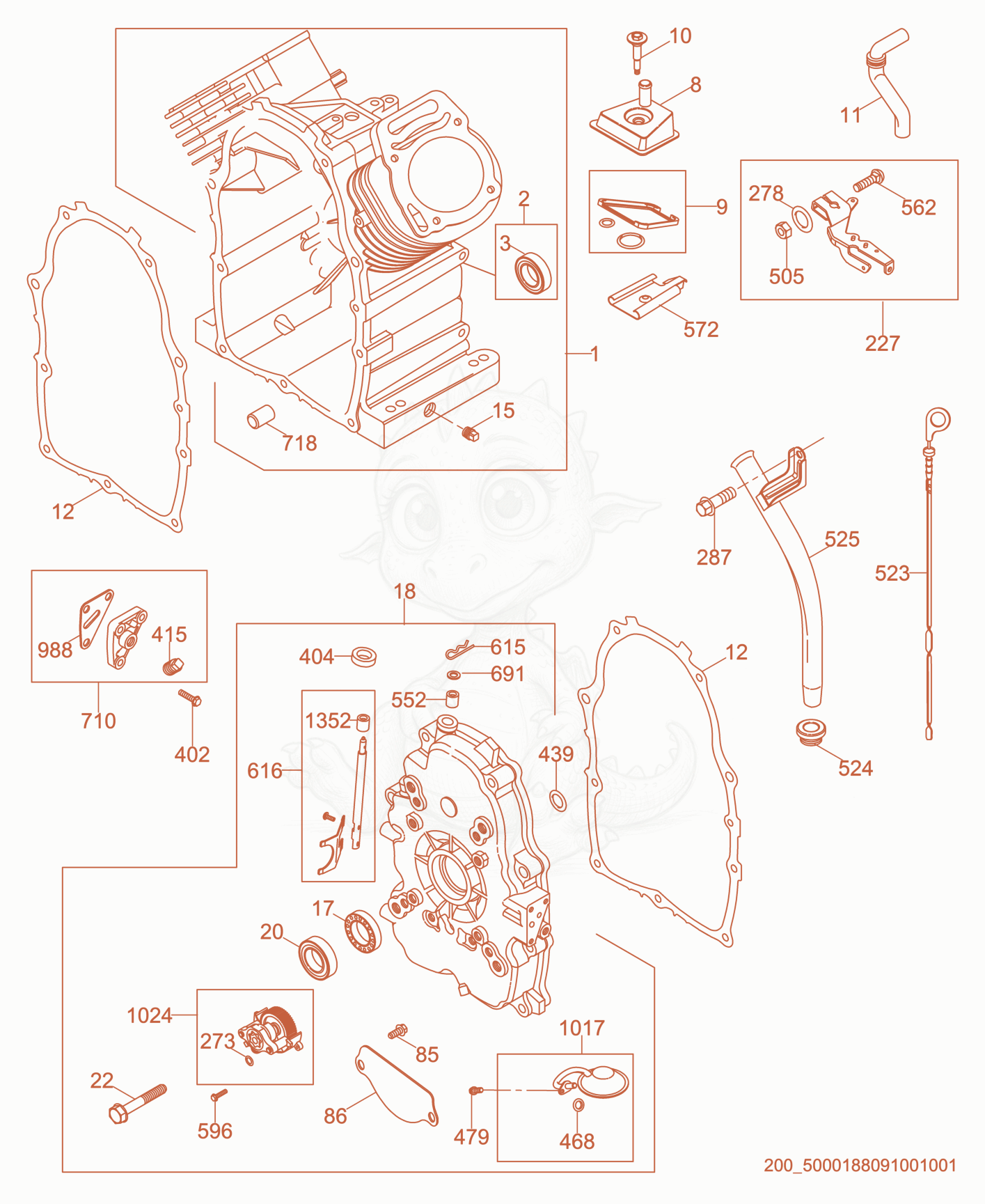 Exploded parts diagram of the Cylinder/Crankcase Cover of a Wacker Neuson PTS4V(I), with numbered balloons