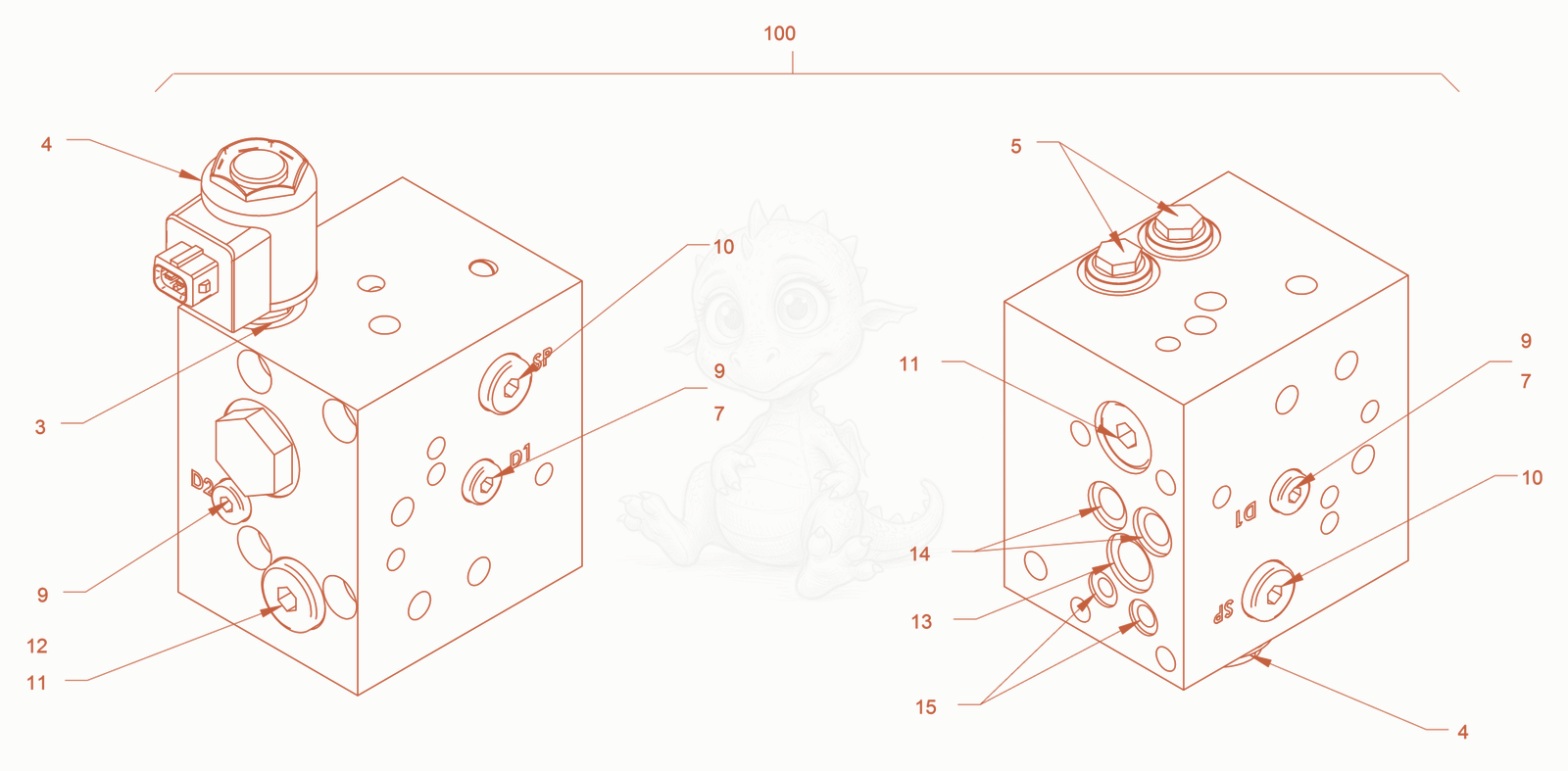 Exploded parts diagram of the valve block (all-wheel lock) of a Wacker Neuson RD24-100C, with numbered balloons
