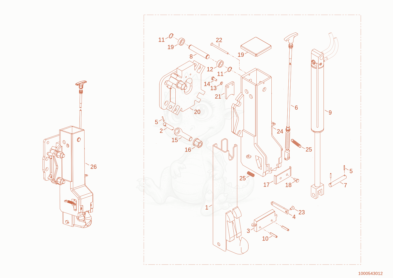 Exploded parts diagram of the coupling auto-hitch of a Wacker Neuson TH625(T06-01), with numbered balloons