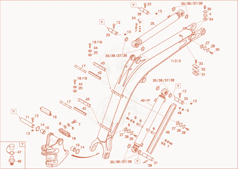 Despiece del lift arm de una máquina Wacker Neuson 6003, con globos numerados