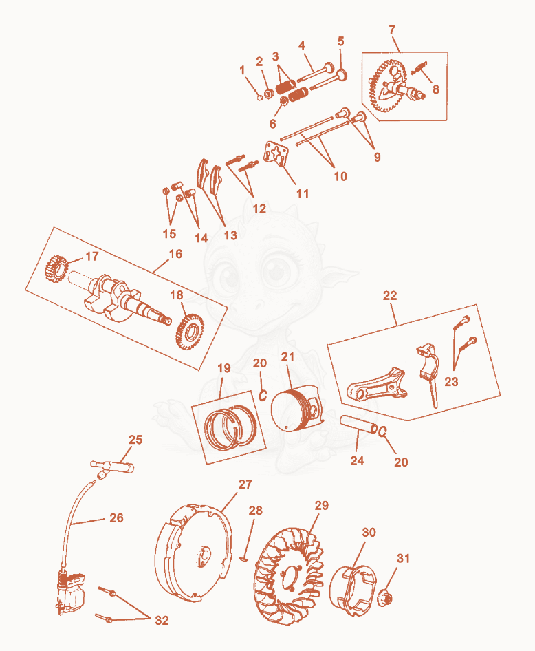 Exploded parts diagram of the Crankshaft/Piston/Flywheel of a Wacker Neuson G2.1AE, with numbered balloons