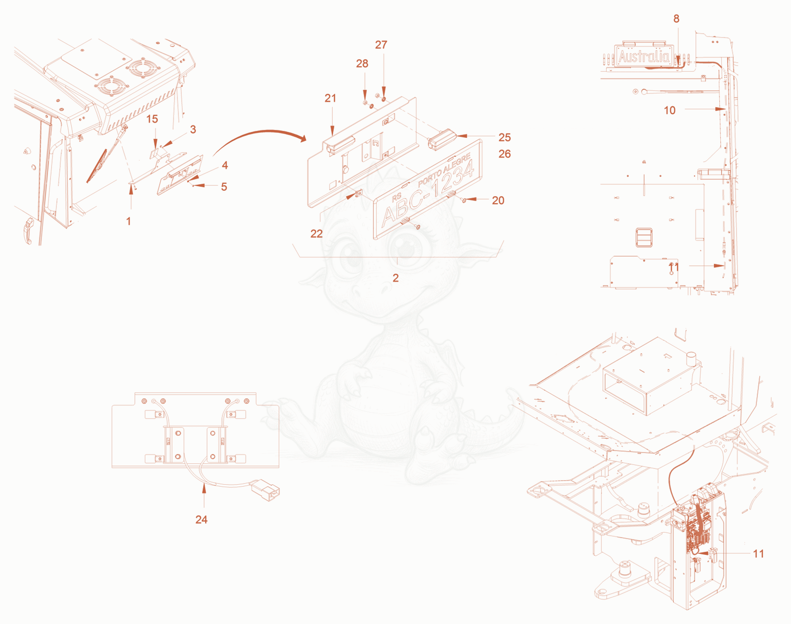 Exploded parts diagram of the homologation australia of a Wacker Neuson RC70PUS, with numbered balloons