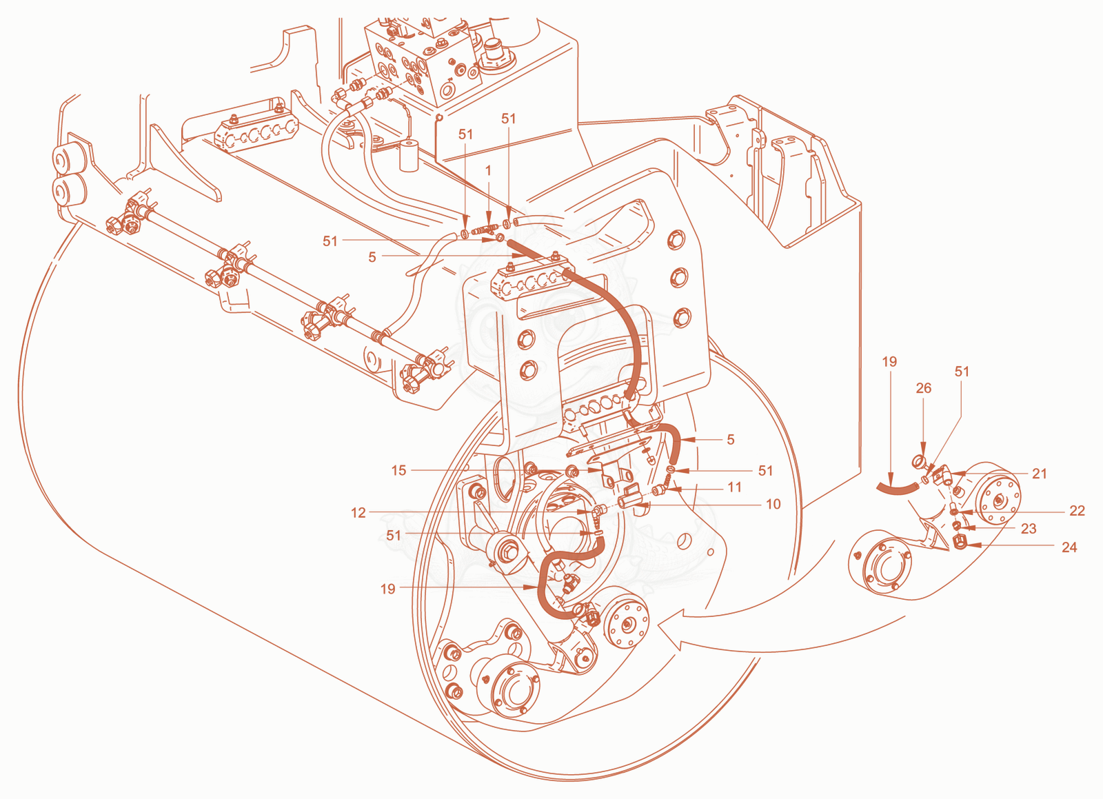 Exploded parts diagram of the sprinkling (edge pressing and cutting device) of a Wacker Neuson RD40-130C.3, with numbered balloons