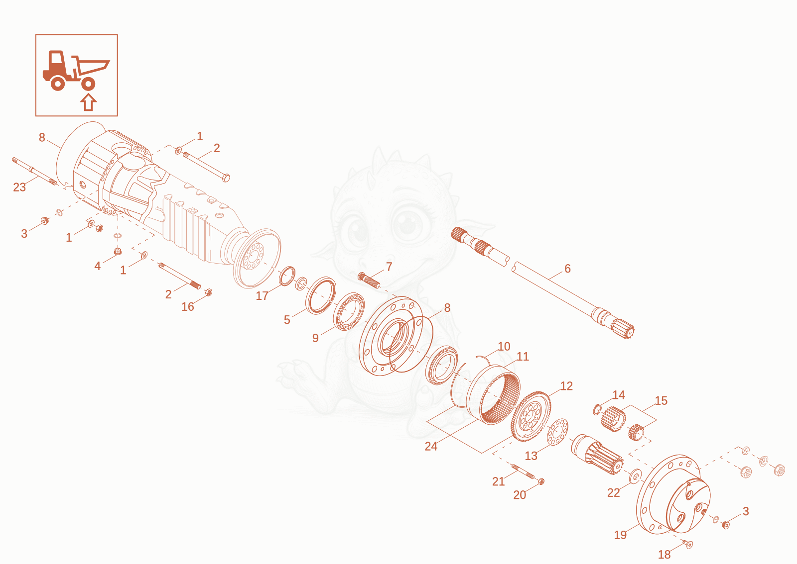 Exploded parts diagram of the AXLE CASE, WHEEL HUB of a Wacker Neuson DV90-2, with numbered balloons