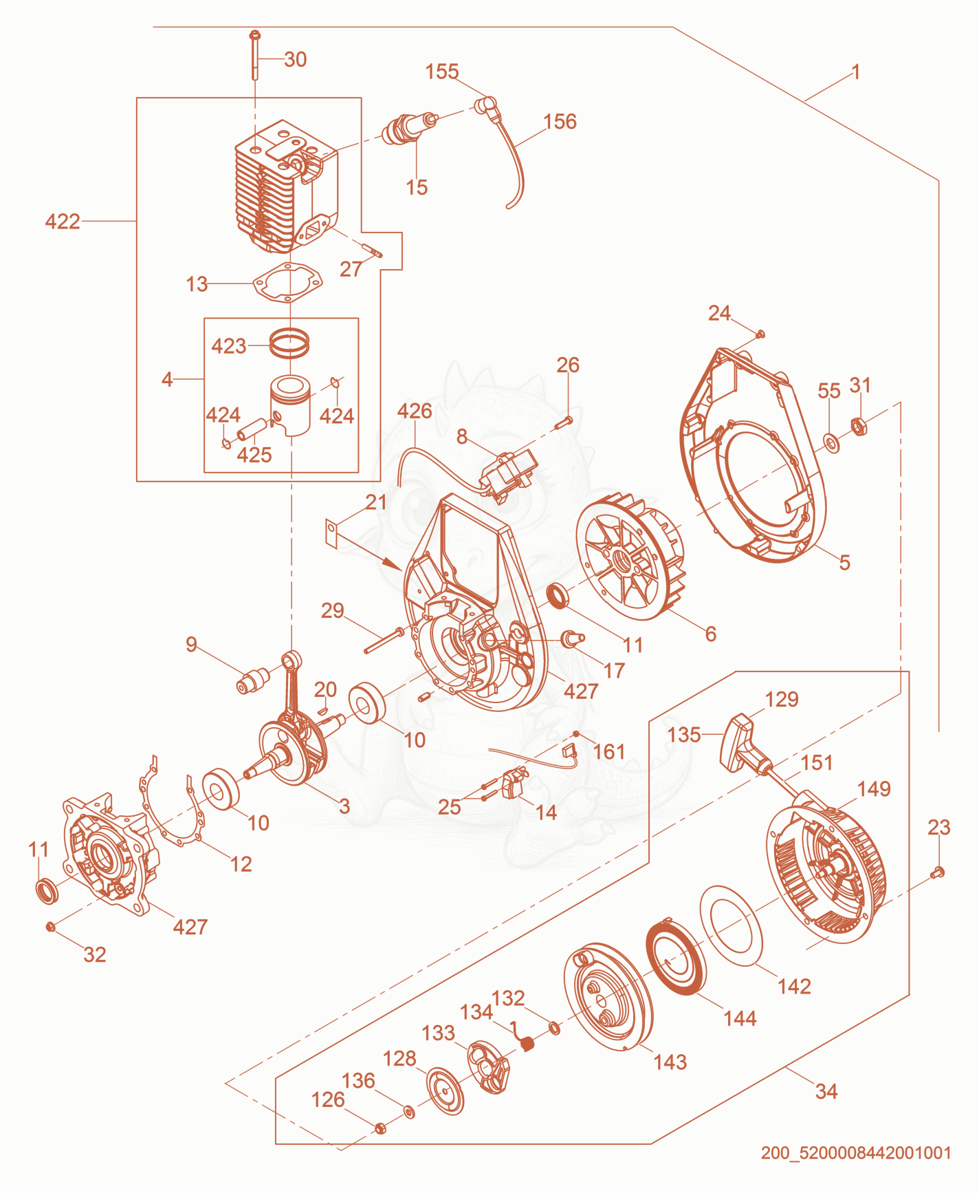 Exploded parts diagram of the Engine-WM 80 of a Wacker Neuson BS60-2, with numbered balloons