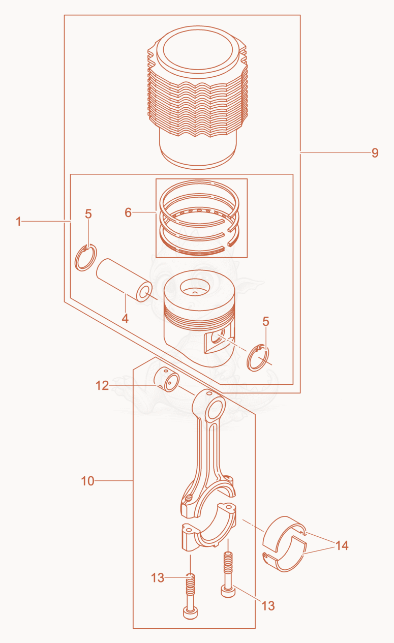 Exploded parts diagram of the Piston-Connecting Rod-Cylinder of a Wacker Neuson DPU4045H, with numbered balloons