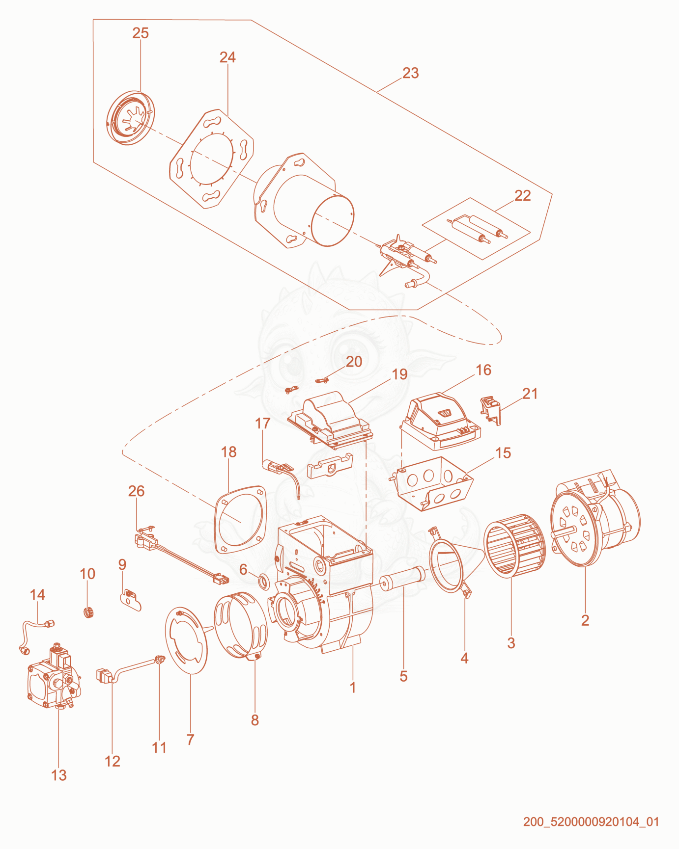 Exploded parts diagram of the Burner cpl. of a Wacker Neuson E1100, with numbered balloons