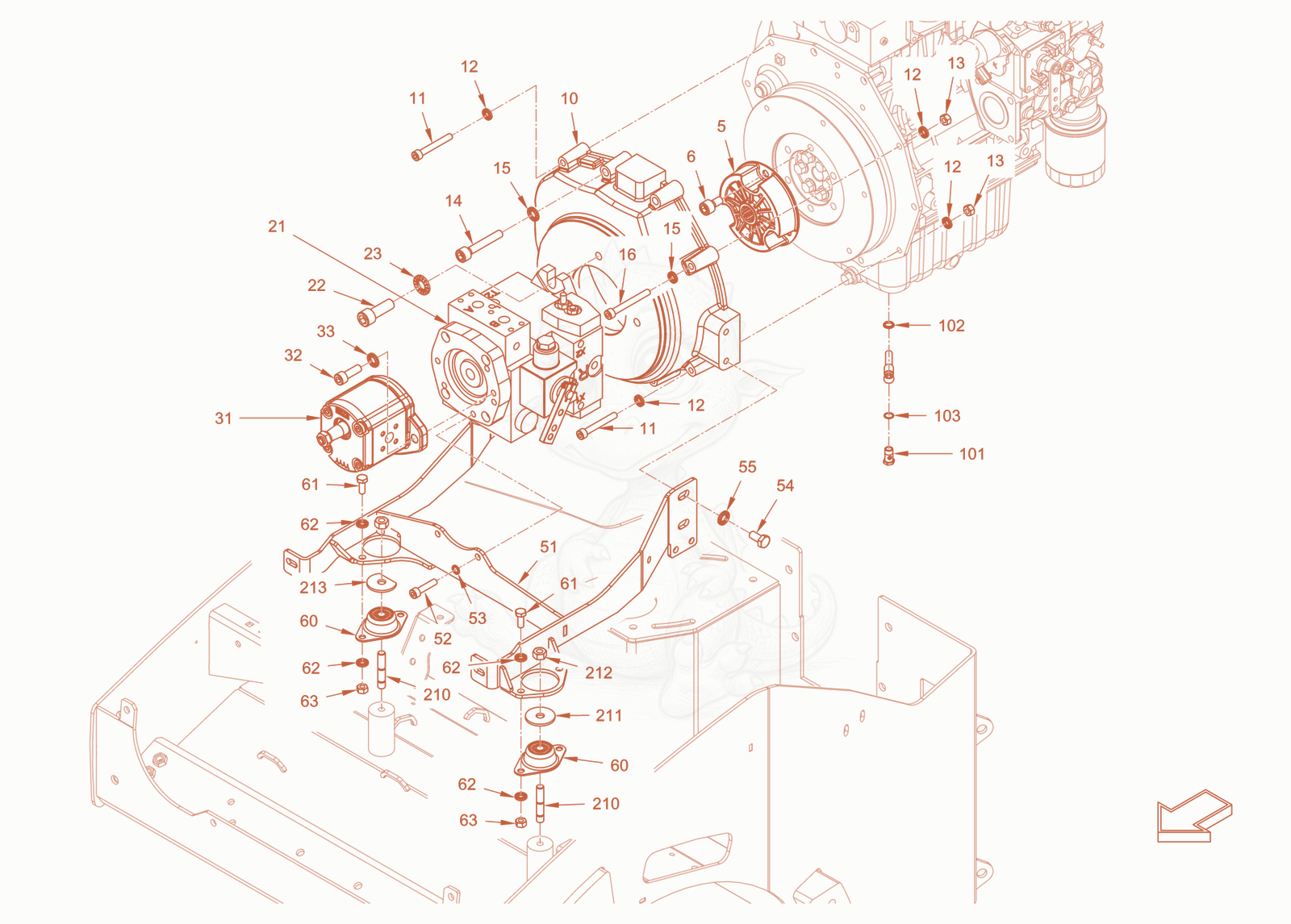 Exploded parts diagram of the pump drive and engine assembly of a Wacker Neuson RD18-100.3, with numbered balloons