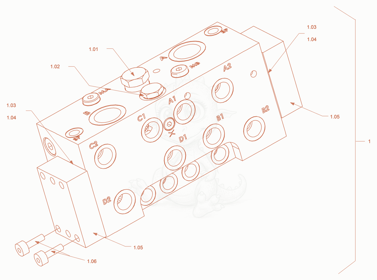Exploded parts diagram of the collecting block (hydraulic oil) of a Wacker Neuson RD40-130C, with numbered balloons